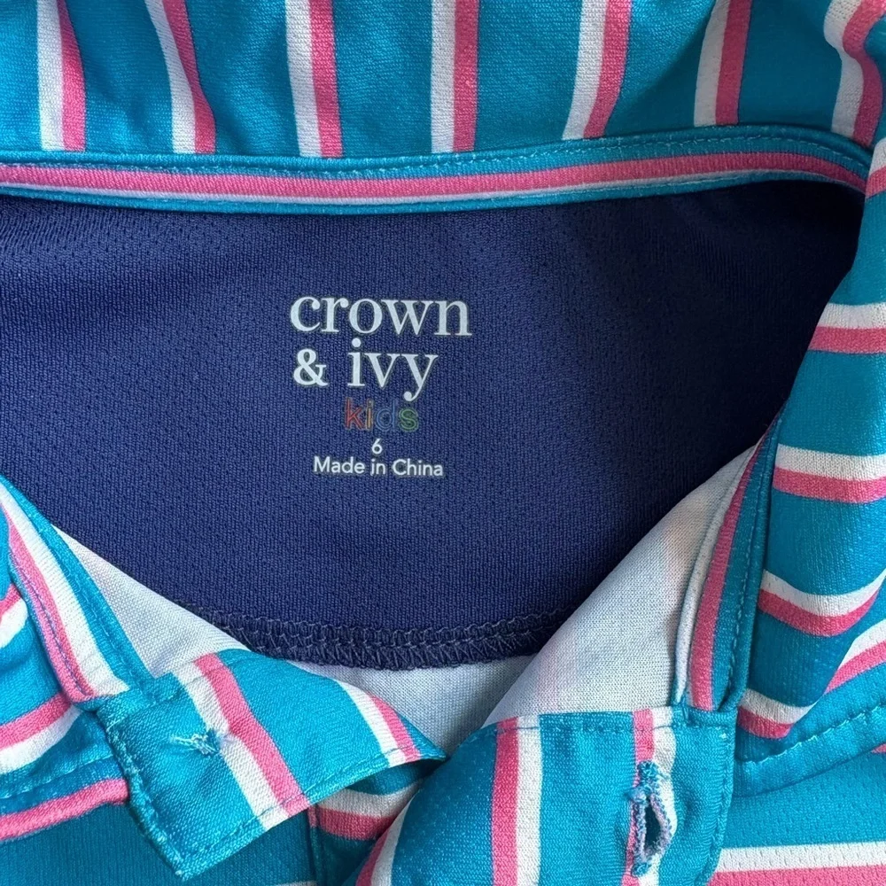 Crown & Ivy Kids Polo Shirt - size 6 Teal and Pink Stripes